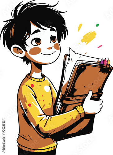 anthropomorphic pencil character with human body, thinking pose, holding sketchbook, clean bold outline, vector sticker design, white background 1