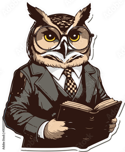 anthropomorphic owl character wearing professor outfit and glasses, holding book and thinking, intelligent expression, clean vector sticker design, isolated white background