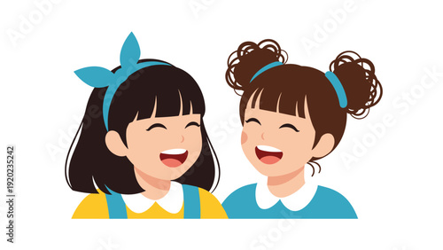 Two cheerful young girls with different hairstyles laugh together and enjoy a fun and friendly conversation during their break.