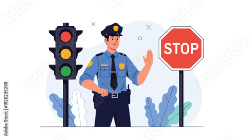 Uniformed police officer stands near a traffic light and a stop sign while gesturing with his hand to halt traffic for safety.