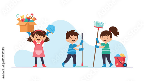 Group of three diligent children work together to clean their room using a mop, broom, and a duster to help with housework.