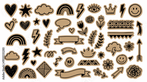 Kraft-Style Doodle Icons Vector – Hand-Drawn Hearts, Stars, Clouds, Rainbows, and Eyes in Brown Paper Cutout Look for Stickers, Crafts, and Journaling