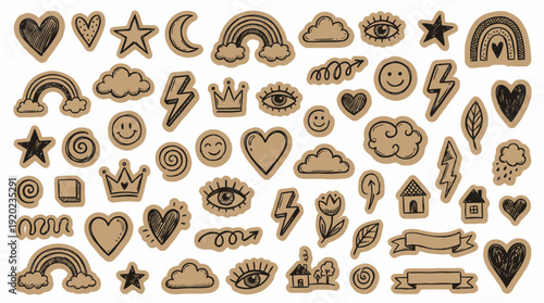 Kraft-Style Doodle Icons Vector – Hand-Drawn Hearts, Stars, Clouds, Rainbows, and Eyes in Brown Paper Cutout Look for Stickers, Crafts, and Journaling