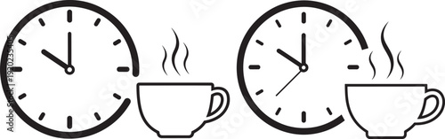 Two minimalist clocks and steaming coffee cups, illustrating coffee break, relaxation, or morning routine in black and white.