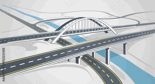 An aerial view illustration of a complex highway interchange with multiple roads, an overpass, and a bridge crossing a blue river.