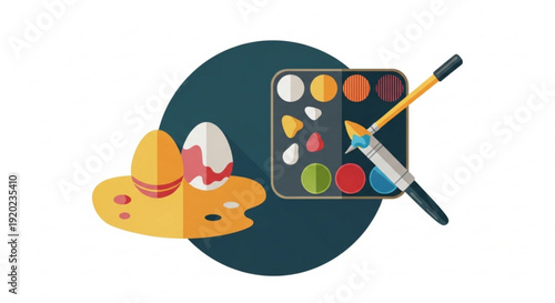 Colorful artist palette with paintbrush and eggs on a dark blue background symbolizing creativity and art