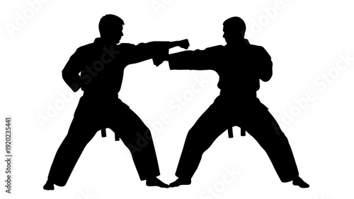 Two martial arts fighters practicing combat techniques in silhouette.
