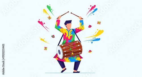 Vibrant drummer in colorful outfit playing large drum with dynamic paint splashes around him in air