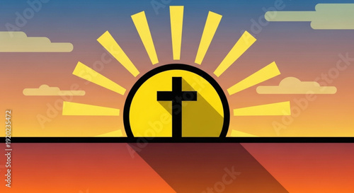 Christian cross symbol on a yellow sun rising over a serene landscape with a warm orange and blue sky