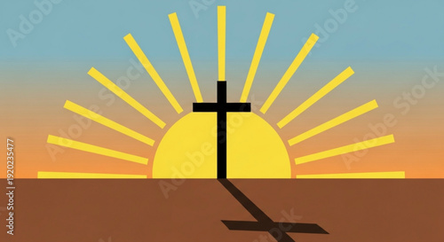 A black cross standing on brown ground with a vibrant yellow sun rising behind it casting a shadow set against a serene blue and orange gradient sky at sunrise or sunset
