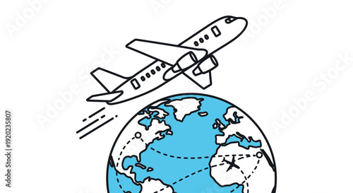Illustration of an airplane flying over a blue and white globe with travel routes.