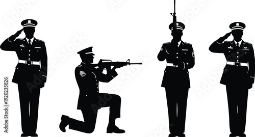 Military officer silhouettes set, saluting armed forces soldiers with rifle, black vector illustration isolated on white background