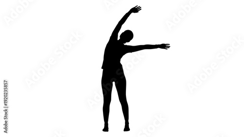 Silhouette of a woman stretching her arms overhead and sideways.