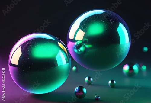 Abstract 3D Holographic Green Glass Spheres Floating in Dark Space with Neon Reflections and Smooth Gradients, Futuristic Digital Art Illustration