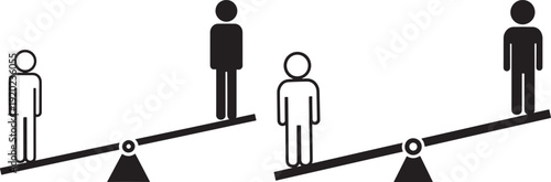 Conceptual icons of a seesaw with people of different sizes, representing balance, inequality, or comparison in black and white.