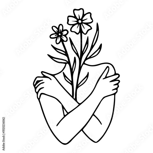 selflove illustration of a person hugging themselves with flowers