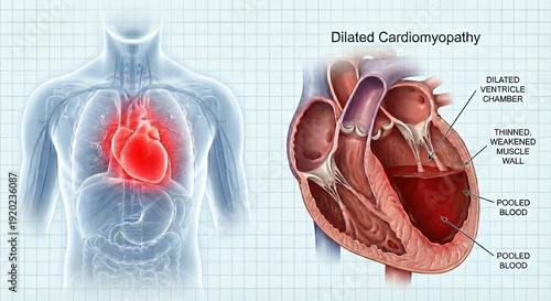 Human heart anatomy, dilated cardiomyopathy, medical illustration, cardiovascular disease.