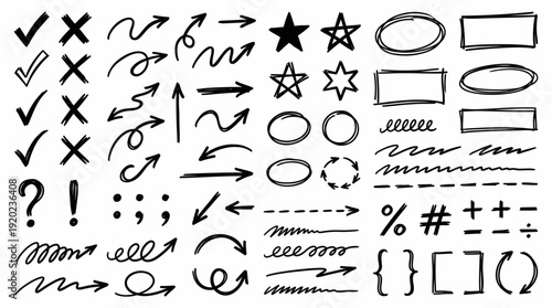 Hand-Drawn Annotation Icons Vector – Black Ink Doodles Including Arrows, Checkmarks, Stars, Circles, Symbols, and Scribbles for Emphasis, Editing, and Creative Design Projects