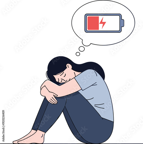 Vector illustration of exhausted person sitting with knees drawn up, empty battery icon thought bubble, burnout fatigue mental health motifs