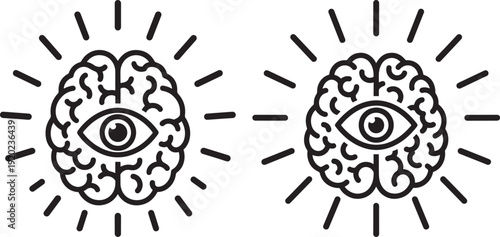 Abstract illustration of brains with an eye in the center and radiating lines, symbolizing insight, intelligence, or consciousness.