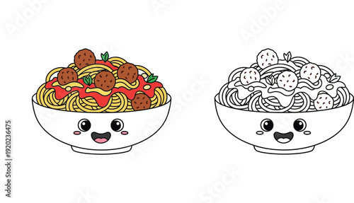 Kawaii spaghetti and meatballs bowl cartoon illustration. Cute pasta food coloring page design with colored and black and white line art versions.