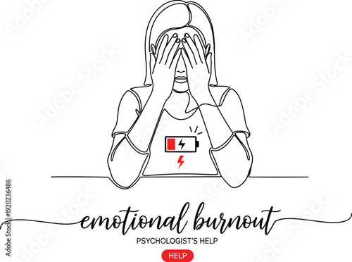 Line drawing vector illustration of emotional burnout person at table with empty battery icon, psychology mental health support motifs