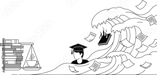 Cartoon vector illustration of overwhelmed student with graduation cap submerged in wave of books and papers, academic stress decorative motifs