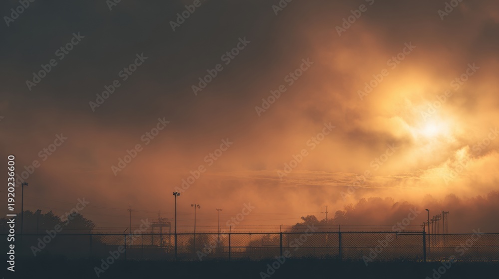 Fototapeta premium Sunset silhouette with security measures. Horizon outline during storm with surveillance poles. Silhouetted landscape at sunset including stormy horizon and physical security installations