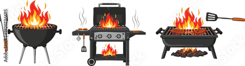 Outdoor cooking grills with flames, barbecue utensils, and burning coals, illustration, high-angle view