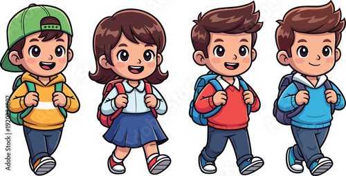 Cartoon vector illustration of four school children walking with backpacks, cheerful colorful design, educational back-to-school decorative motifs