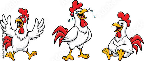 Cartoon vector illustration of three funny chickens in expressive poses, laughing, surprised, playful humorous decorative farm animal motifs