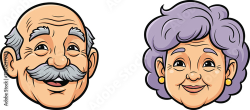 Cartoon vector illustration of elderly couple portraits with cheerful man and smiling woman, caricature style family aging decorative motifs