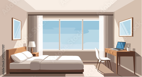 Minimalist bedroom interior with large window overlooking a clear blue sky, featuring a wooden bed with white bedding, a bedside table with a lamp, and a desk with a laptop and chair