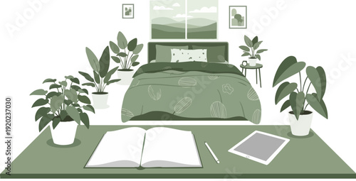 Cozy bedroom interior with a bed, desk, and numerous houseplants, depicted in a soothing green color palette. The room features a window overlooking a landscape, an open book