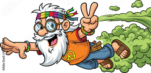 Colorful cartoon vector illustration of cheerful hippie man flying with peace sign, rainbow headband, smoke trail, free-spirited decorative motifs