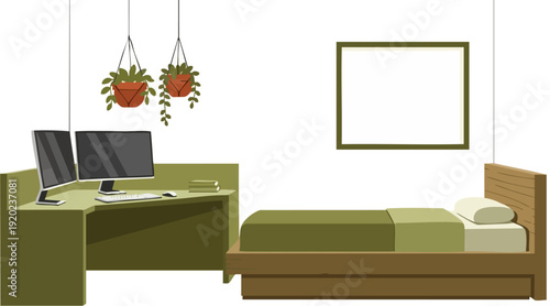 Minimalist bedroom and home office interior vector illustration. Features a wooden bed with green bedding, a desk with two computer monitors, and hanging potted plants