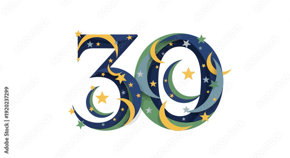 Fototapeta premium A modern vector illustration of the number 30 with a Ramadan theme, featuring crescent moons, stars, and Islamic patterns in a flat design with gold accents on a white background.