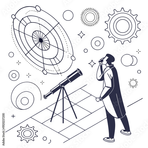 A man in a suit observing a complex astronomical device and gears with a telescope, representing science and discovery.