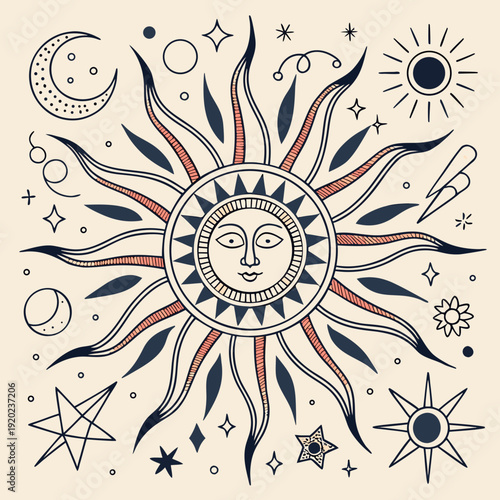 Celestial illustration featuring a stylized sun with a face, moon, stars, and planets in a mystical, bohemian style.