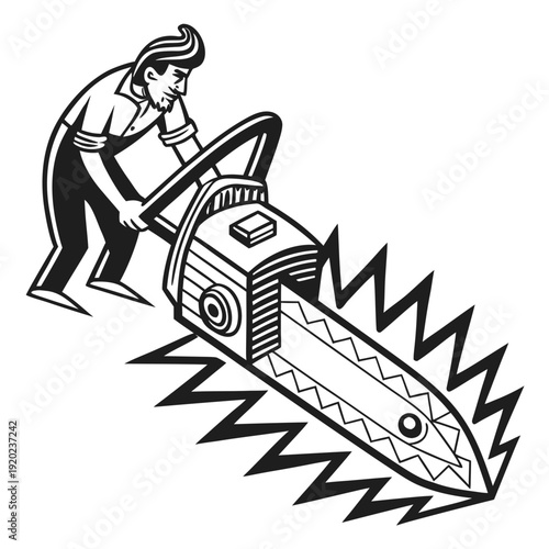 Retro cartoon man operating a powerful, buzzing chainsaw with a menacing saw blade and jagged energy emanating from it, black and white illustration.