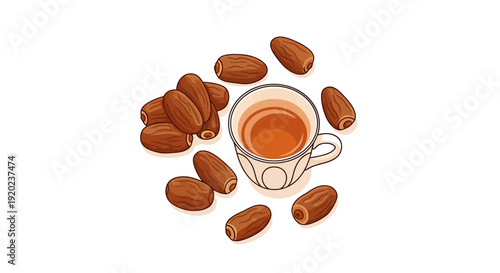Flat design illustration of a cup of tea surrounded by almonds on a white background with a minimalist style and warm tones.