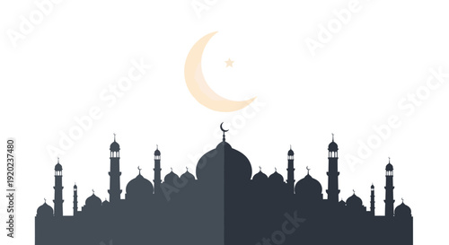 Flat design illustration of a mosque silhouette with a crescent moon and star symbol, representing Ramadan start and Islamic celebration against a night sky with a glowing lantern.