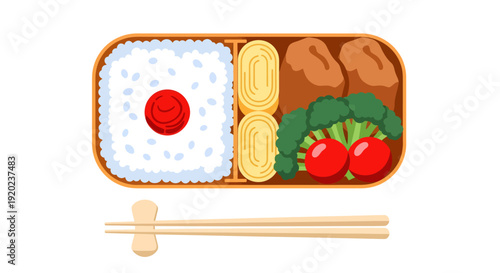 Japanese bento box features a generous portion of white rice with a central umeboshi plum, neatly arranged alongside rolled tamagoyaki, fried meat, broccoli, and tomatoes