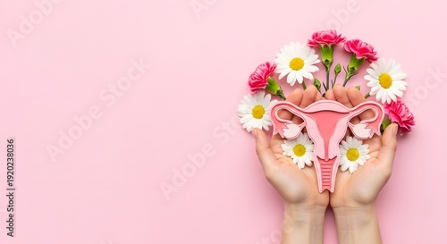 Hands cradle a delicate uterus model adorned with blooming flowers