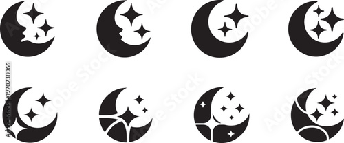 Half Moon Icon Set – Minimal Crescent Moon and Night Sky Symbols, Monochrome Vector illustration