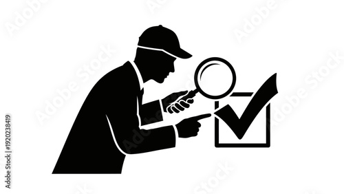Silhouette of a man inspecting a check mark with a magnifying glass.