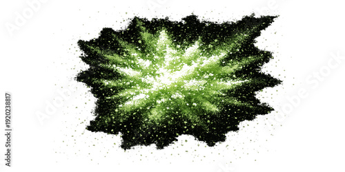 A grunge vector illustration of a black christmas tree silhouette featuring a winter snowflake pattern and dirty ink texture within a green nature frame