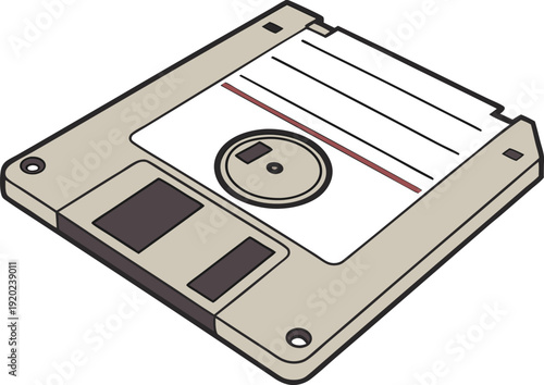 Beige floppy disk with white label and red line