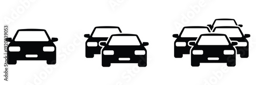 Car icon set, traffic jam and automobile symbols, one, two, and three cars black vector design elements, transportation and vehicle illustrations, editable vector set