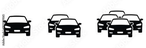 Automobile icon collection, car symbols showing traffic jam, single, double, and triple vehicle illustrations, black vector design elements, editable vector set, flat and stroke style